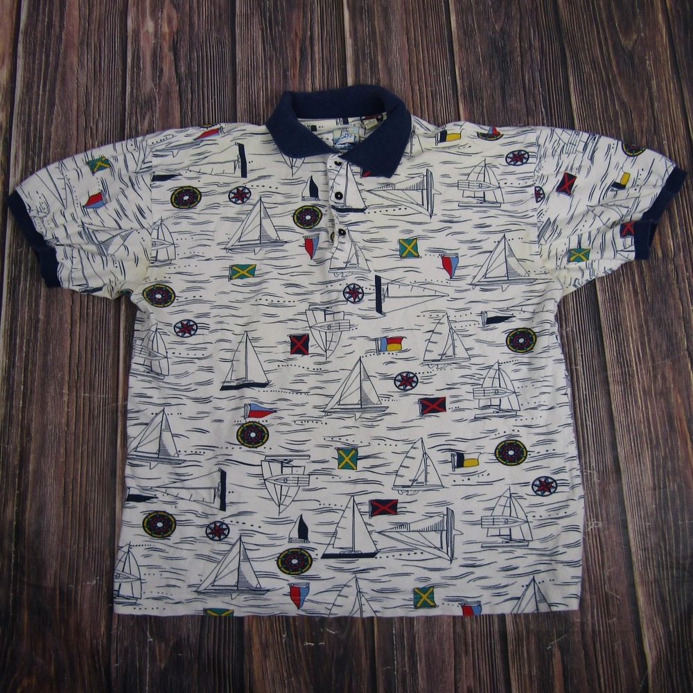 Vintage Bluewater Shirt Mens XL Nautical Sailboat Flags USA Made Polo 90s Cotton
